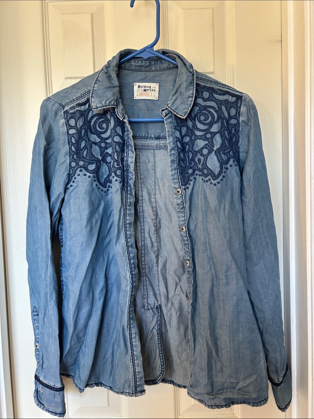 HOLDING HORSES Light Blue Denim button down shirt  with Navy Embroidered Yoke
